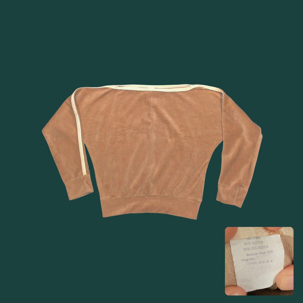 Vintage 80s Velour Sweatshirt Boat Neck Dolman Cropped Brown Womens L(M?)